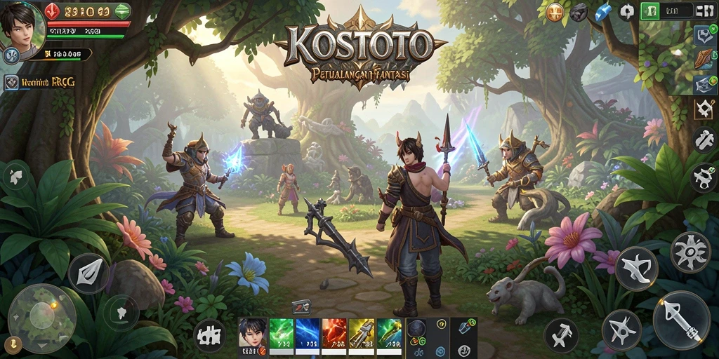 Screenshot gameplay KOSTOTO yang menampilkan pertarungan epik dan eksplorasi dunia.